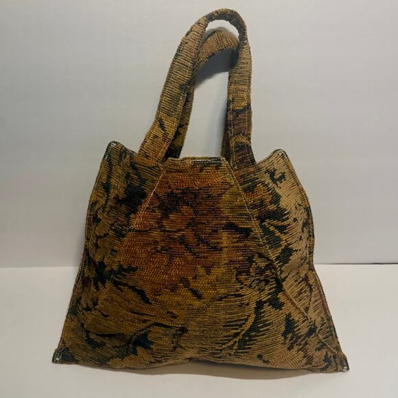 Vintage Handbags - 🤎 Tapestry Top Handle Bag Reversible Brown Floral Abstract Plaid Vintage Boho